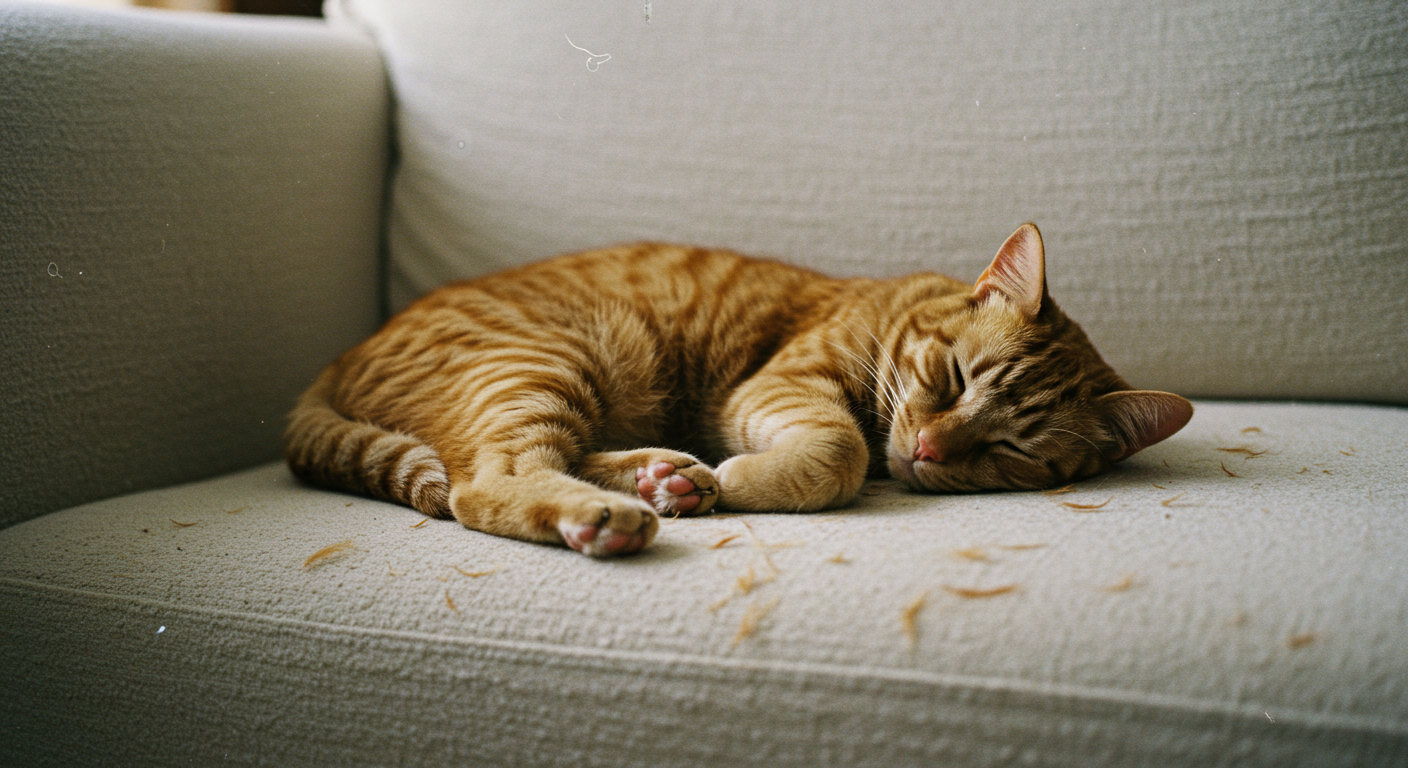 Gatinho deitado em um sofá sujo de pelos
