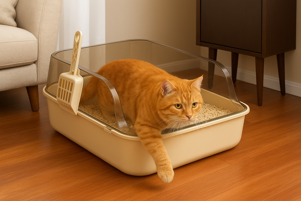 Gato saindo da caixa de areia para gato
