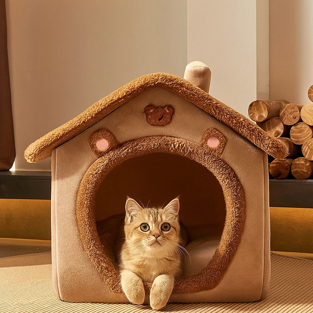 gato em casinha de pelúcia